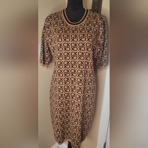 Calvin Klein Logo Print Brown & Blacl Midi Dress